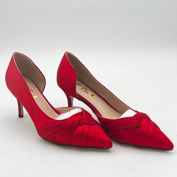FSJ Shoes - FSJ Red Women Low Kitten Heels Pointed Toe Slip on Pumps D'Orsay Pleated Satin